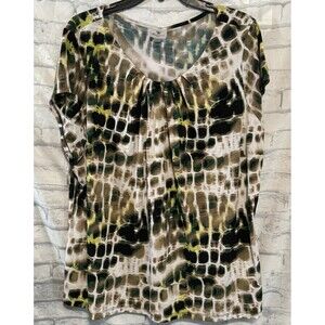 Worthington Blouse Womens 3X Cream Brown Green Yellow Scoop Neck Short Sleeve